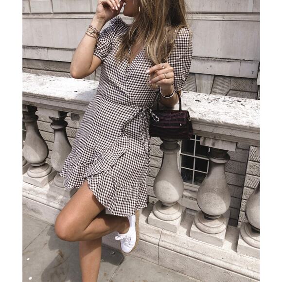 & Other Store Brown Gingham Mini Wrap Dress Size 8 - Picture 1 of 13